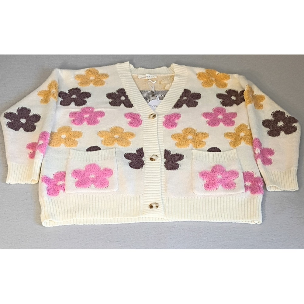 Wanna B Women's S/M Cream Floral Knit Button Front Cardigan Sweater, Preppy Chic